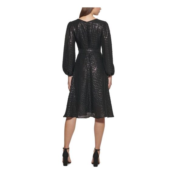 NWT KENSIE DRESSES Womens Black Belted Long Sleeve Fit + Flare Dress 0 - Picture 2 of 5